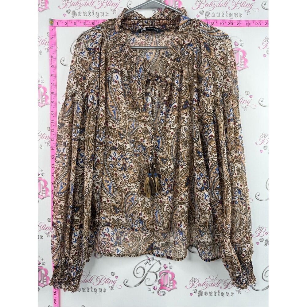 Zara blouse long sleeves tassels Beige Paisley Blouse with Blue & Brown Accents